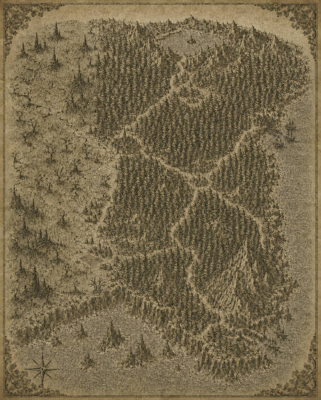 A hand-drawn parchment map of Terindale: dense pine forest blanketing the center and east, a barren waste of dead and twisted trees along the western edge, mountain peaks ranging across the north, a great solitary peak rising above the southeastern coast, rivers and roads winding through the woods to scattered walled settlements, ships standing off the eastern sea, and rocky waters breaking along the southern shore beneath a compass rose.